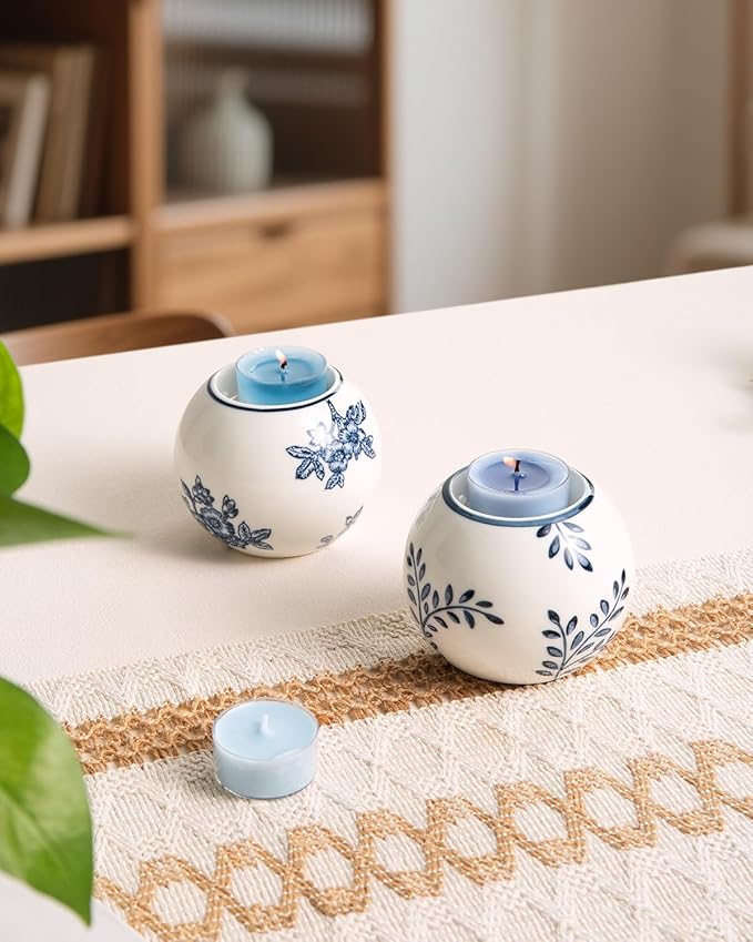 Ceramic Tealight Candle Holder, Chinoiserie Candlestick Holder for Taper Candle, Blue and White Decor, Leaf
