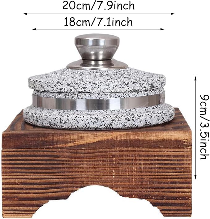 Korean Stone Bowl with Lid, Natural Stone Bowl with Wood Base Thicken Cookware Stone Bowl, Bibimbap Bowl for Korean Soup, Rice and Stew,20cm/7.9inch