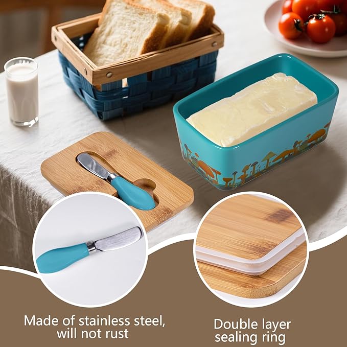 Mushroom Butter Dish with Lid,Large Butter Crock Keeper Saver,Ceramic Butter Container for Countertop with Highly Sealed Silicone Thick Wooden Lid for Kitchen Farmhouse Decor (Thin Blue, Mushroom)