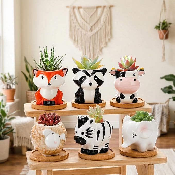 6 Pack Small Succulent Pots with Drainage Hole, 3 Inch Cute Ceramic Animal Planter with Saucer, Unique Air Plant Holder, Desktop Plant Flower Pot for Indoor Plants, Cactus, Garden, Home Decor