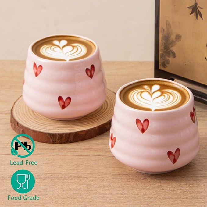 4pcs Japanese Tea Cup Set – 160ml 5.4OZ Ceramic Matcha Cup, Small Handless Espresso Cups, Cute Coffee Mugs for Valentine (Pink Love)