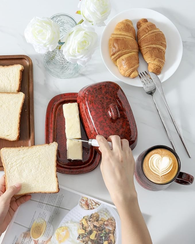 Hasense Butter Dish with Lid for Countertop and Refrigerator, Ceramic Butter Holder Container with Handle Cover, Porcelain Butter Tray Perfect for East West Coast Butter Stick, Dishwasher Safe, Red