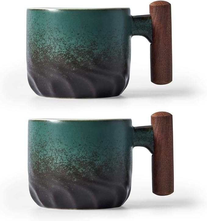 Ceramic Espresso Cups with Wooden Handle Espresso Shot Cups Ceramic Tea Cups Porcelain Demitasse Cups for Coffee or Tea, 2oz (green, 2)
