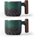 Ceramic Espresso Cups with Wooden Handle Espresso Shot Cups Ceramic Tea Cups Porcelain Demitasse Cups for Coffee or Tea, 2oz (green, 2)