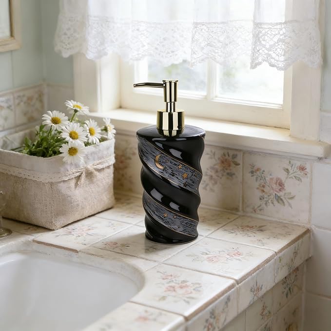 Ceramic Soap Dispenser, Large Capacity Lotion Dispenser with Spiral Galaxy Design - Refillable Press Pump Bottle for Bathroom & Kitchen (14oz, Black)