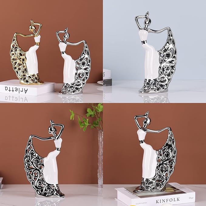DOVDOV Abstract Ceramic Peacock Dancer Statue, Female Ballerina Decoration, Gold and Silver Home Decor Trinkets for Dance Studio Living Room TV Cabinet Console Dresser Entryway Countertop Decoration