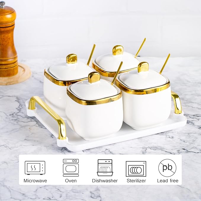 4 Pack Gold Condiment Spice Jars with Lids, Spoons, Tray - Ceramic Seasoning Box Set for Salt, Pepper, Sugar - Kitchen Storage