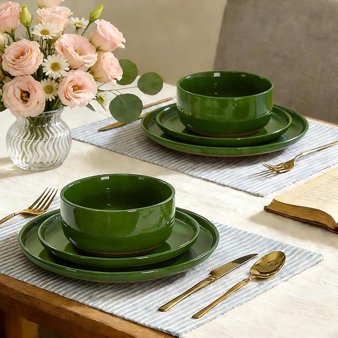 GZG Ceramic Dinner Salad Plates Set of 4, 8 Inch Speckled Dinnerware Dessert Plates with Clay-Tone Base, Microwave Oven Dishwasher Safe