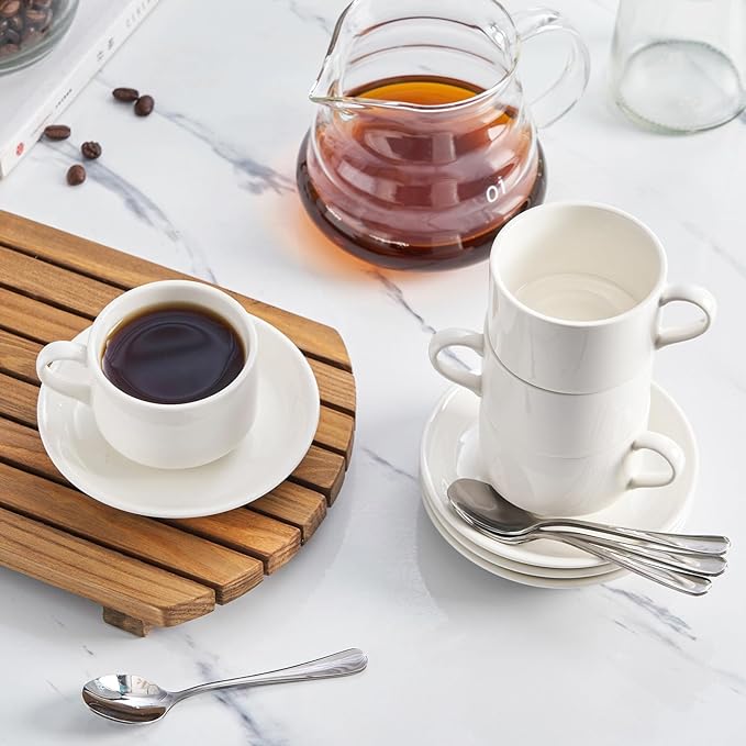 2.5oz Espresso Cups Set of 4, Demitasse cups and Saucers with Spoons for 4, Expresso Shot Cups for Espresso Machine-White