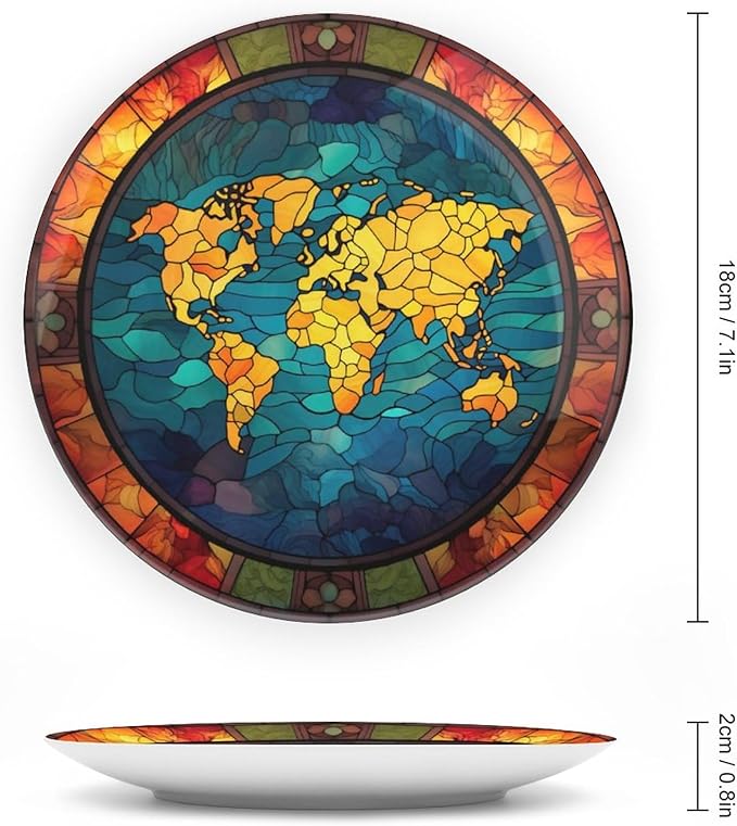 Decorative Plates, Retro World Map Stained Glass Design Ceramic Dinner Plate Home Wobble-Plate w/ Display Stand, Wall Hanging Decor for Kitchen Household 7 Inch, Gifts for Adventure Lover Wanderlust
