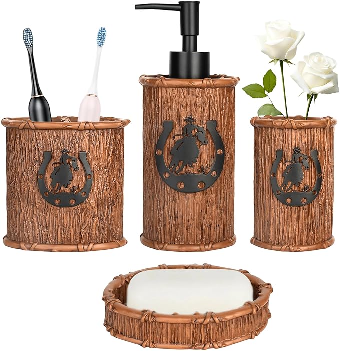 Bathroom Accessory Sets 4PCS Bathroom Accessories Set Complete Western Rustic Horseshoes Decoration Includes Lotion Dispenser Toothbrush Holder Tumbler Cup & Soal Dish