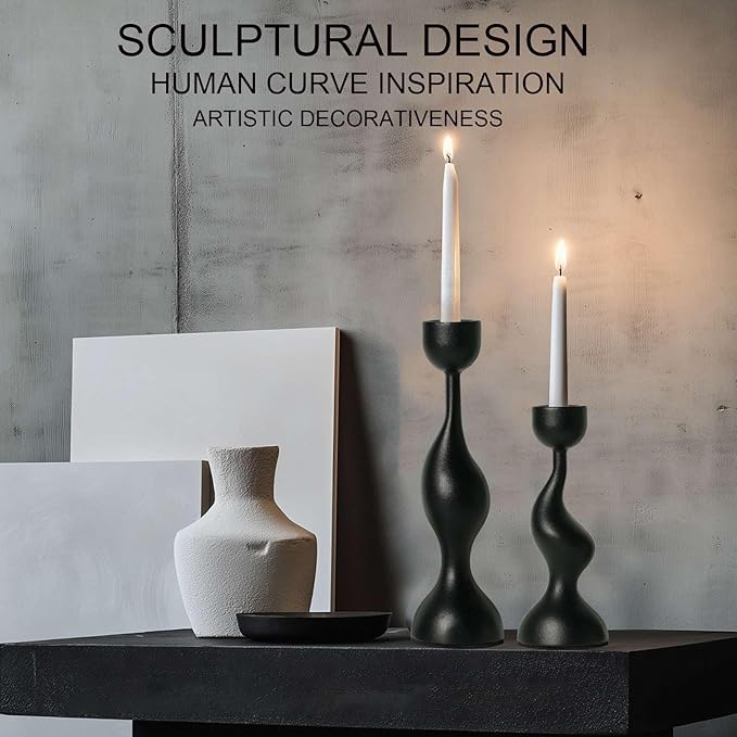 Smtyle Modern Sculptural Black Candle Stick Holders Cast-Aluminum Taper Set of 2 (7″ & 8″) Dual-Height Candlesticks for Dining Table Wedding or Home Decor