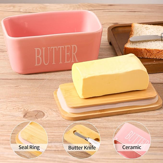 Hasense Butter Dish with Lid, Large Butter Dish for Countertop, Porcelain Butter Keeper Container with Knife, Airtight Butter Container with Cover,Pink