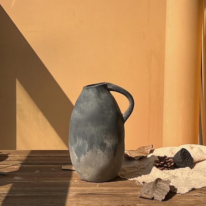 Rustic Ceramic Vase with Handle, Farmhouse Handmade Pottery Vase, Vintage Rustic Vase for Living Room, Kitchen, Home Decor, Thanksgiving, Centerpieces - 9.6 Inch