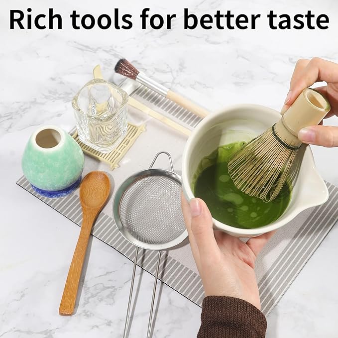 12 Pcs Matcha Whisk Set - Matcha Set Includes Ceramics Matcha Bowl and Cup, Matcha Kit for Ceremony Making Tools, Gift for Family/Friend Gradient blue-green