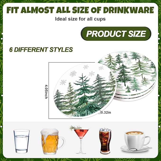 Whaline 6 Pcs Christmas Coasters Cup Mat with Metal Holder Watercolor Cedar Pine Forest Ceramic Drink Coasters for Xmas Winter Holiday Party Home Kitchen Bar Table Decor