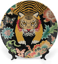 Animal Tiger Stripe Colorful Decorative Plate, Chinoiserie Tiger Custom Ceramic Ornaments Dessert Plates for Home Art Decoration Club Decor, Unique Art with Stand Art Decorations for Display Table