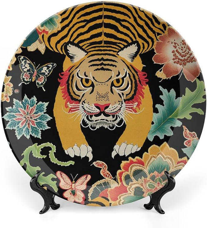 Animal Tiger Stripe Colorful Decorative Plate, Chinoiserie Tiger Custom Ceramic Ornaments Dessert Plates for Home Art Decoration Club Decor, Unique Art with Stand Art Decorations for Display Table