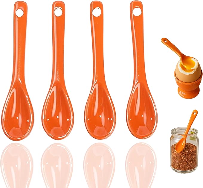 Mini Spoons for Spices, Ceramic Spoon 3.5 inch for Spice Jars, Espresso Spoons, Small Seasoning Spoon for Salt, Coffee, Sugar, Powder and Pepper (Orange spoon A set of 4)
