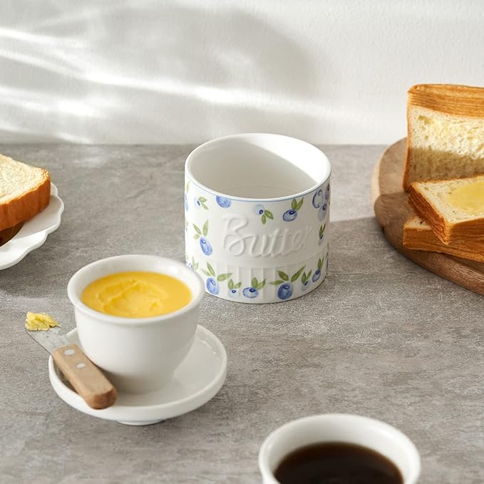 Toptier Butter Crock for Counter With Water Line, On Demand Spreadable Butter, Ceramic Butter Keeper to Leave On Counter, French Butter Dish with Lid (Yummy Blueberry)