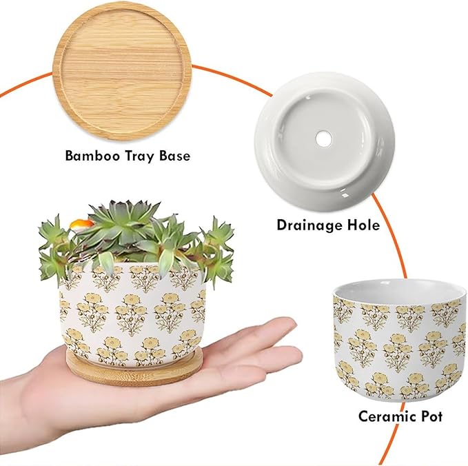 3 Piece Ceramics Pots for Plants Yellow Flower Small Succulents Plant Pot Watercolor Chinoiserie Floral Planter for Succulents Chinoiserie Plant Pot with Drainage and Bamboo Tray