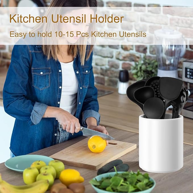 Utensil Holder Kitchen Utensil Holder for Countertop, Ceramic Cooking Utensil Holder for Kitchen Counter, Large Modern Spatula Holder Utensil Organizer Kitchen Decor, 6.5”H x 5.5”D White