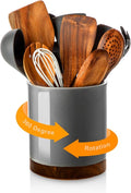 Nucookery 360° Rotating Utensil Holder, 7.2" Large Utensil Crock, White Ceramic Cooking Utensil Organizer with Countertop-Protection Cork Bottom for Farmhouse Kitchen Decor Gift (Gray)