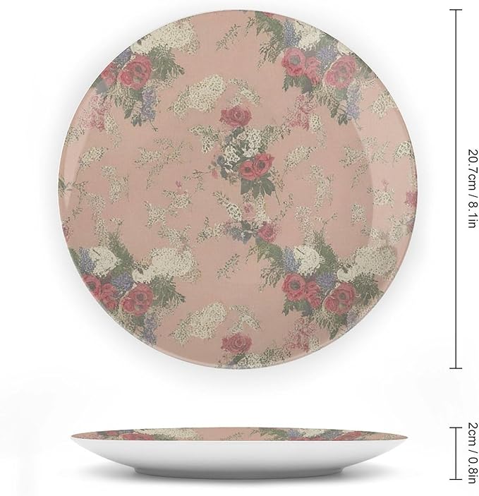 Home Decorations Decorative Plate, French Garden Thibaut Floral Coral Custom Christmas Gifts Wall Hanging Decoration for Table Home Wedding Decor, Unique Art with Stand