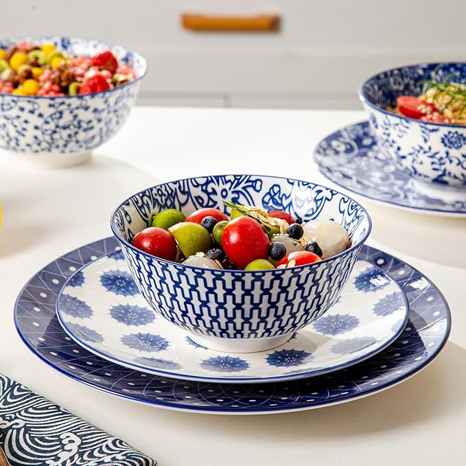 Ceramic Soup Bowls Set - 24 Oz Porcelain Deep Cereal Bowl - 6 Inch Large Dinner Bowl Kitchen Eating Pasta Salad Rice Oatmeal Noodle Snack - Microwave Dishwasher Safe - Set of 6 - Vintage Blue