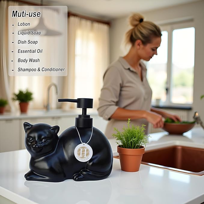 Black Liquid Soap Dispenser, Ceramic Cat, Refillable Wash Liquid Soap Hand Soap for Bathroom Kitchen