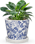 Ceramic Pot for Plants 5.5 inch Blue and White Pot for Plants Small Chinoiserie Planter Pots with Drainage Hole and Saucers Outdoor Inoor Blue Flower Pots for Succulent, Cactus, Snake Plant, Herb