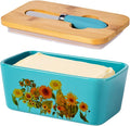 Sunflower Butter Dish with Lid,Large Butter Crock Keeper Saver,Ceramic Butter Container for Countertop with Highly Sealed Silicone Thick Wooden Lid for Kitchen Farmhouse Decor (Thin Blue, Sunflower)