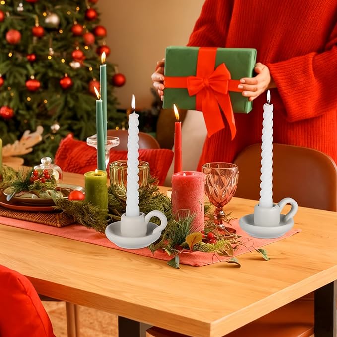 DOITOOL Ceramic Candle Holder with Handle White Taper Candle Holder Nordic Style Ceramic Candlestick Holders for Wedding Halloween Christmas Table Decoration Display (9.5 x 7cm) 2PCS