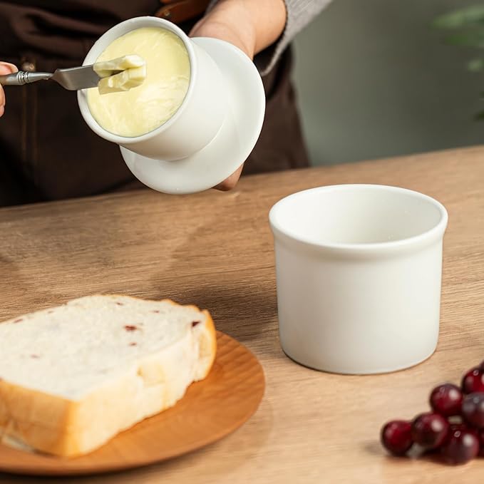 Stoneware Butter Crock with Lid, Ceramic Butter Dish with Water Line, Countertop Butter Keeper, Butter Holder for Countertop, White