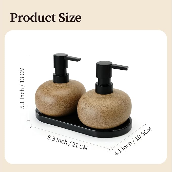 10oz Ceramic Hand Soap Dispenser, Elegant Liquid Soap Dispenser for Bathroom Countertop, Heavy & Sturdy Dish Soap Dispenser for Kitchen (Brown Set of 2 & Ceramic Tray)