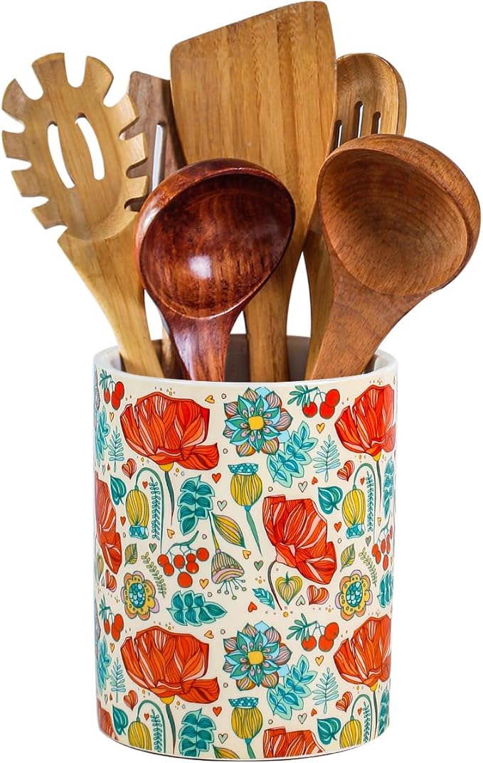 Kitchen Utensil Holder, 6.3 Inch Red Floral Ceramic Cooking Utensil Holder Modern Utensil Crocks for Kitchen Counter-Farmhouse, Housewarming Gift, Decor and Accessories (Flower-01, 6.3 Inch)