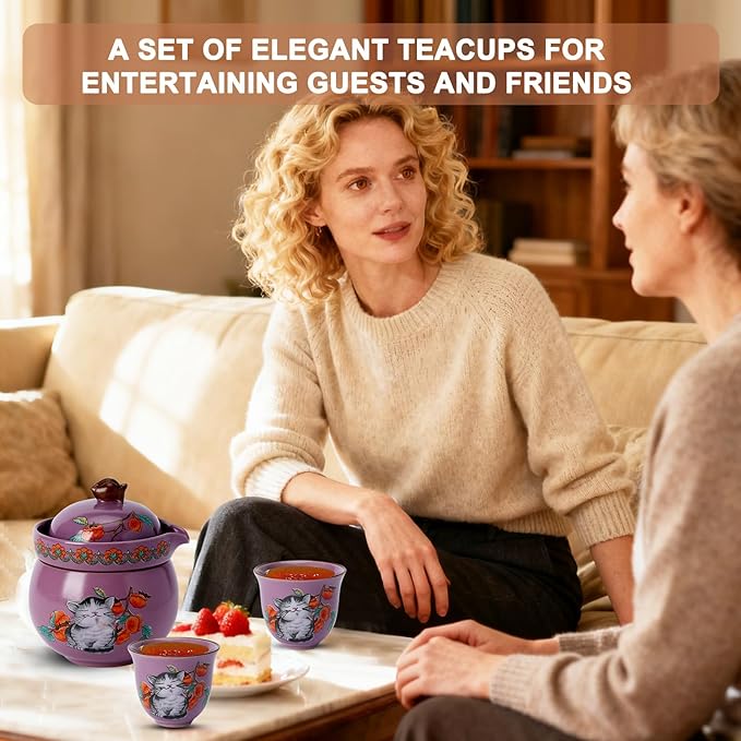 Mini Tea Cups,Cute Lucky Cat Cups,Small Tea Mugs,Porcelain Gongfu Tea set with 3 in 1,Tea Sets for Adults,Ceramic Tea Infuser Cup for Loose Leaf for Women/Tea Lovers/Birthday/Easter's Day (Purple)