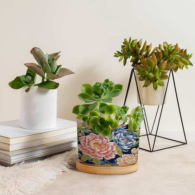 Bright and Chinoiserie Planter Ceramic Coral Peony Floral Round Plant Pot with Drainage Holes and Bamboo Tray Pot for Home Office Decoration
