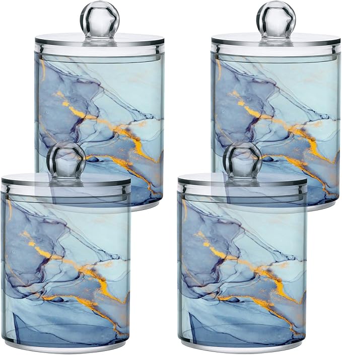 MNSRUU 2 Pack Qtip Holder Organizer Dispenser Teal Blue Marble Bathroom Storage Canister Cotton Ball Holder Bathroom Containers for Cotton Swabs/Pads/Floss