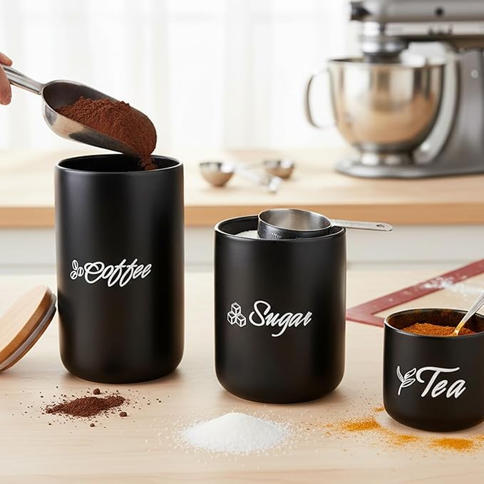 TOPZEA Black Ceramic Canister Set of 3, Coffee Sugar Tea Cylinder Containers Set with Bamboo Airtight Lid, Pantry Organization Kitchen Canisters Food Storage Jars for Countertop, Coffee Station