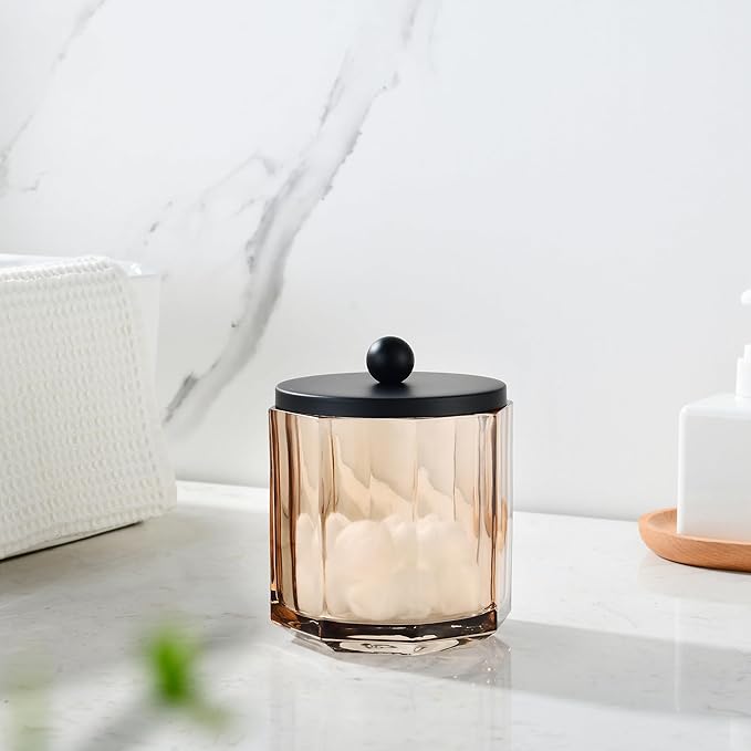 Taupe Translucent Apothecary Octagional Shaped Glass Canister Jar With Matte Black Metal Lid Cover for Bathroom Organization, Cotton Balls, Q Tips, and Small Accessories, Bathroom Storage