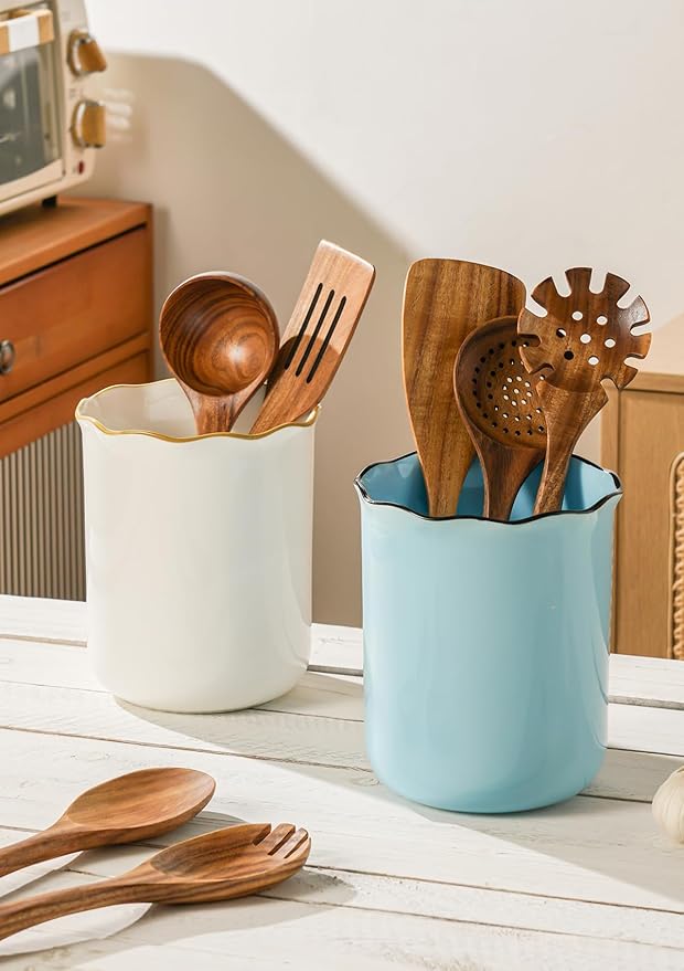 Onniyor Ceramic Kitchen Utensil Holder for Countertop, 7.4 Inch Large Cooking Utensil Crock for Spatulas, Spoons & Tools, Modern Farmhouse Organizer, Multi-Purpose Counter Decor, Easy to Clean, White
