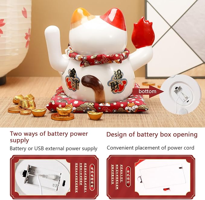 Chinese Ceramic Lucky Cat - Japanese Cat Waving Arm, Lucky Statue Cat Fortune Cat with Moving Arm, Good Luck Statue for Home, Office, and Store Decor