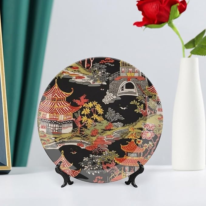 Ceramic Decorative Plate Chinoiserie Charcoal Coral Pagoda Asian Personalized Decor for Office Table Club Kitchen Ceramic Hanging Decorative Plate 1 Plate with 1 Display Stand, Gifts for Men Women