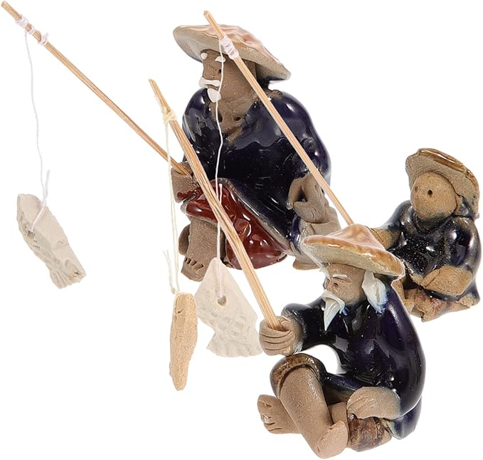 Mikikit 6pcs Ceramic Fisherman Figurines for Fish Tank Decor Miniature Fisherman Statue for Bonsai and Aquarium Lifelike Asian Sculpture Chinese Retro Style Landscape Ornaments