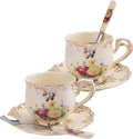 Foraineam Set of 2 Tea Cup and Saucer, 8 oz. Flowering Shrubs Ivory Ceramic Coffee Cup Fancy Floral Porcelain Tea Cup Set with Saucer and Spoon
