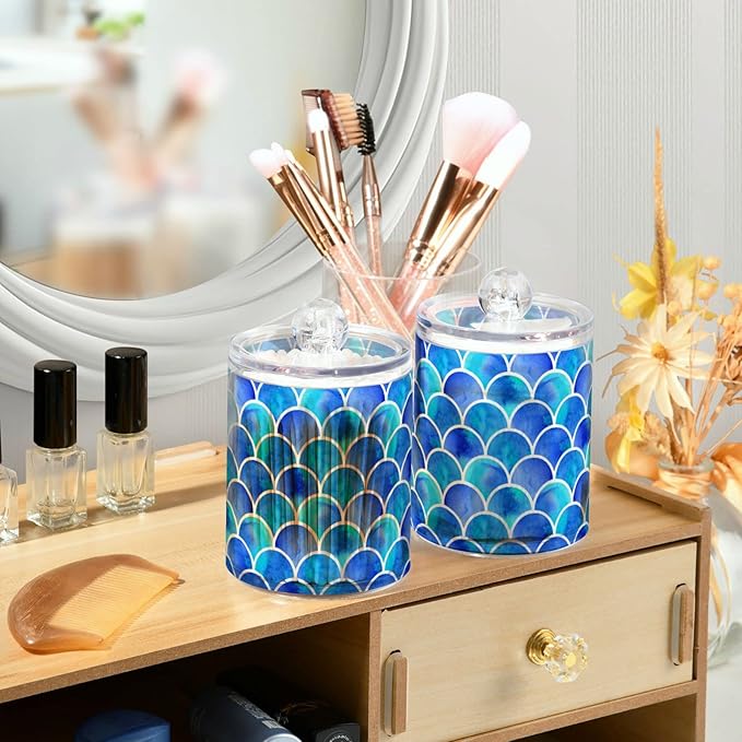 MNSRUU 4 Pack Qtip Holder Organizer Dispenser Blue Scales Of Mermaid Bathroom Containers Bathroom Vanity Storage Canister Apothecary Jars for Cotton Swabs/Pads/Floss