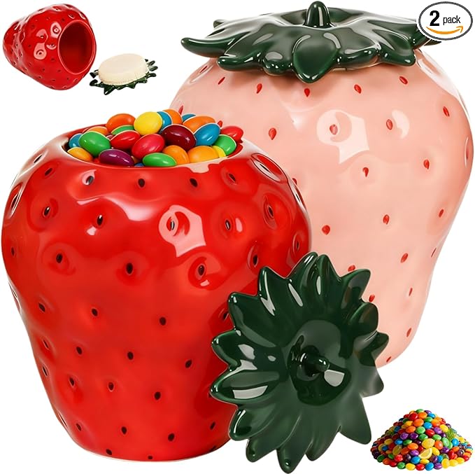 2 Pack Strawberry Storage Jars, 14 OZ Ceramic Cookie Containers with Airtight Lids, Cute Sugar Canisters Set, Candy and Coffee Bean Jar for Flour Nut Tea Spices Grains, Kitchen Farmhouse Decor