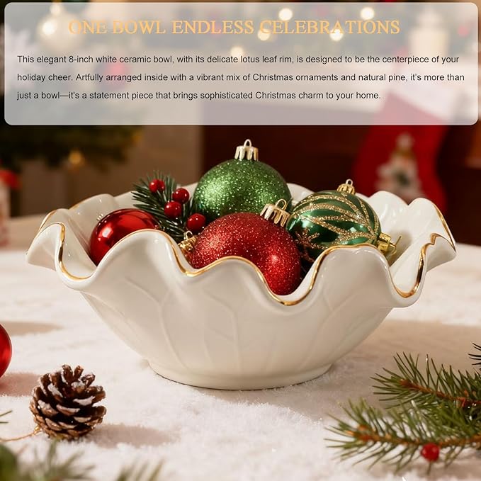 Handcrafted 8" White Ceramic Ruffle Bowl with Gold Trim – Modern Lotus Design, Small Shallow Decorative Bowl for Kitchen Counter & Key Holder for Entryway Table, Catch-All for Home Decor
