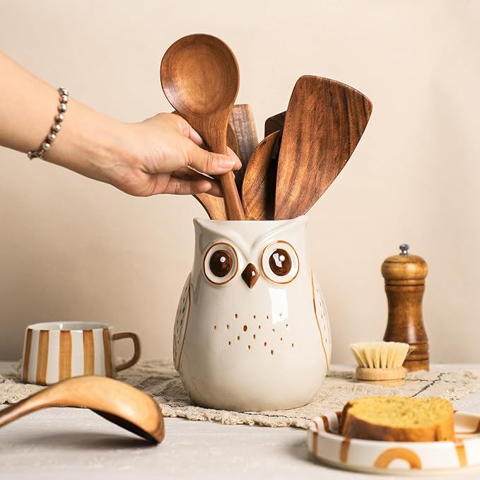 SOCOSY Owl Ceramic Kitchen Utensil Holder For Countertop, Cooking Utensil Crock Holder Spatula Holder